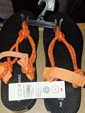 Orange Rope Strap Sandals on Black Footbed